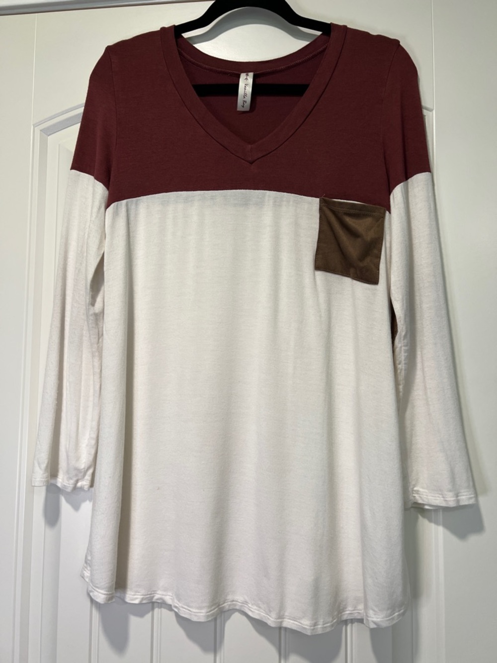 Vanilla Bay Maroon & White V-Neck Long Sleeve Top with Brown Pocket